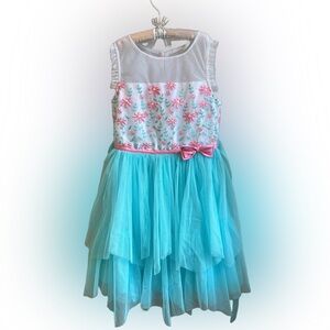 Floral Embroidered Dress with Aqua Tulle Skirt